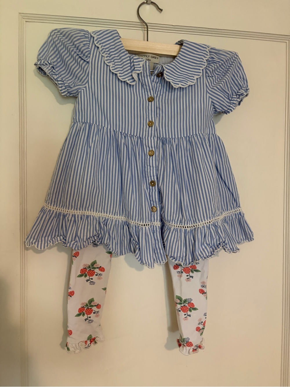 Striped Blue Ruffle Dress & Strawberry Legging Set - Kids Matching Set